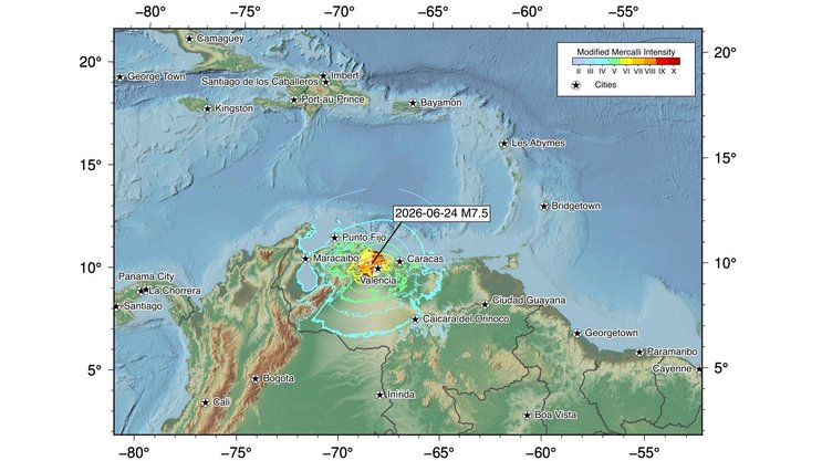 Ort des Erdbebens der Stärke 7,5 mit den vom US Geological Survey (USGS) geschätzten Erschütterungsintensitäten.