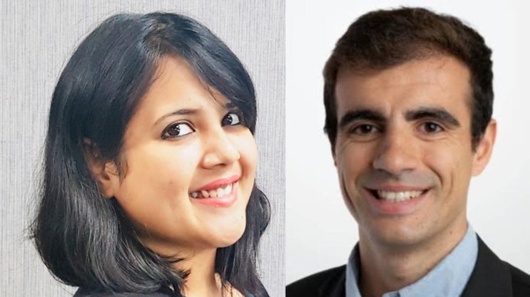 Sanghita Nandy, Leiterin des Bereichs «P&C Treaty UW Advisory» und Francesco Atzen, Leiter der P&C-Rückversicherungs-Underwriting-Strategie und Portfoliosteuerung bei Swiss Re.
