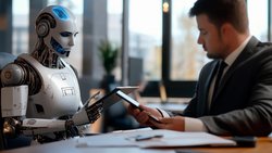 Collaborative discussion between human and robot in a modern office setting. Generative AI