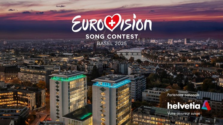 Le visuel de l'Helvetia en tant que sponsor national officiel du Concours Eurovision de la chanson ESC 2025 à Bâle.