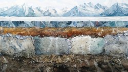 Coupe transversale d'une couche de pergélisol montrant la composition du sol, de la glace et des minéraux (image générée par l'IA).