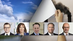 Auch Axa, Baloise, Helvetia, Mobiliar und Swiss Life beschäftigen sich mit dem Energiewandel und allesamt bekräftigen sie den hohen Stellenwert des Themas. Im Bild v.l.: Patrick Frost (Swiss Life), Michèle Rodoni (Mobiliar), Thomas Buberl (Axa), Martin Jara (Helvetia) und Gert de Winter (Bâloise).