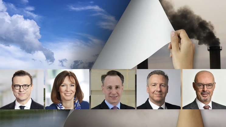 Auch Axa, Baloise, Helvetia, Mobiliar und Swiss Life beschäftigen sich mit dem Energiewandel und allesamt bekräftigen sie den hohen Stellenwert des Themas. Im Bild v.l.: Patrick Frost (Swiss Life), Michèle Rodoni (Mobiliar), Thomas Buberl (Axa), Martin Jara (Helvetia) und Gert de Winter (Bâloise).